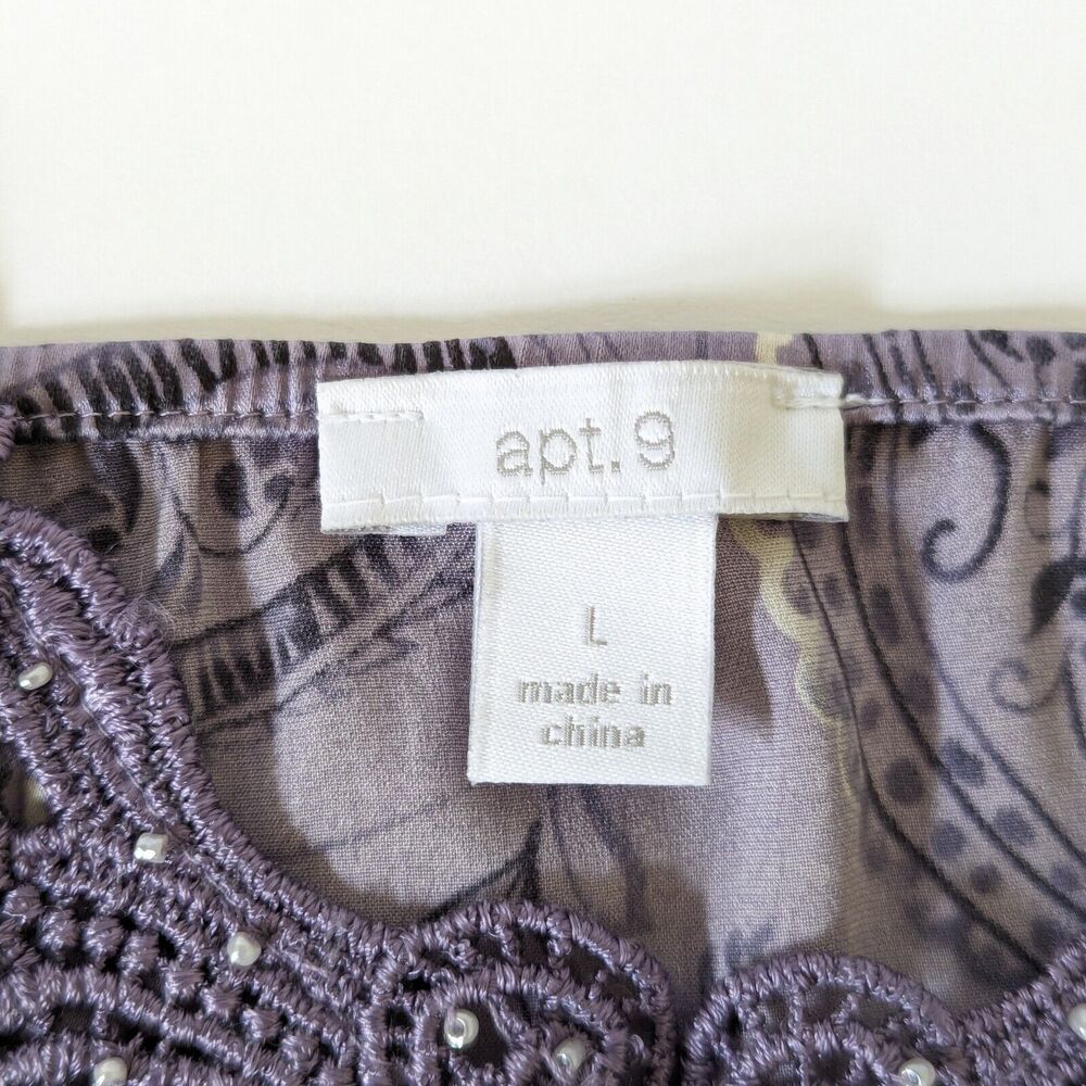 Apt. 9 Purple Paisley Silk Blend Camisole Lace Crochet Bead Trim Size L Romantic - Picture 5 of 9